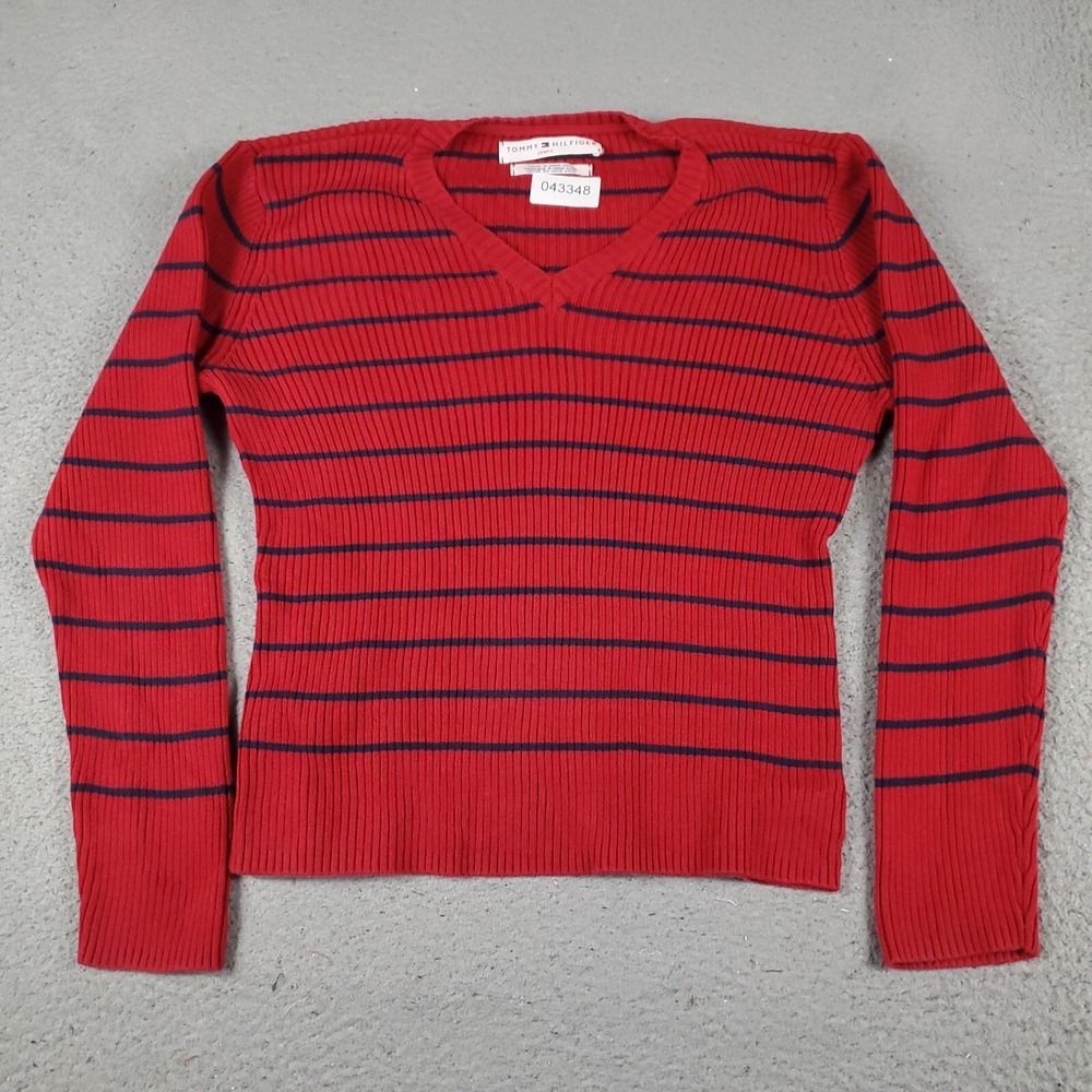 Tommy Hilfiger Sweater Womens Medium Red Striped Pullover V-Neck Ribbed Knit